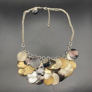 Statement Bib Necklace Gold Silver Gunmetal Disc Multi Tone Layer Dangle 18-20"